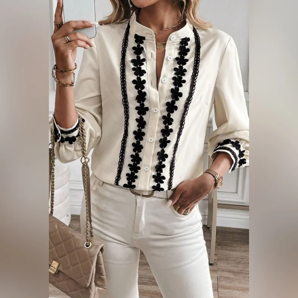 Harper - beige floral embroidered button up shirt - Picture 1 of 4